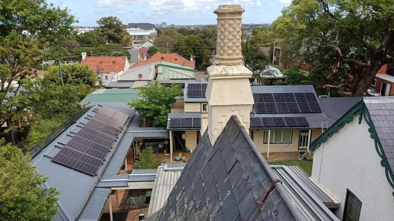 Rooftops with solar panels seen from the turret of Guthrie House